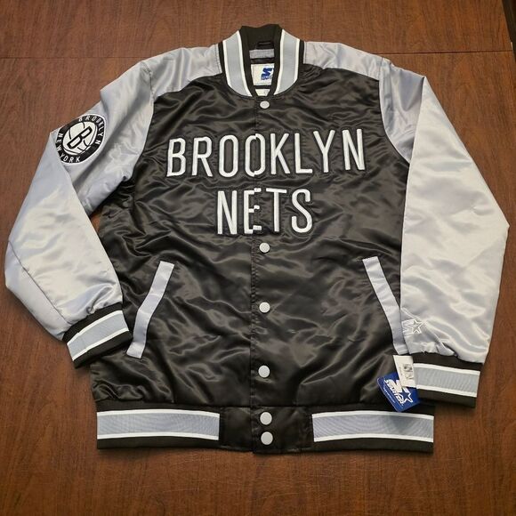 Starter Brooklyn Nets Black Silver Satin Front Snap Varsity Jacket Men's Size L - Picture 1 of 4